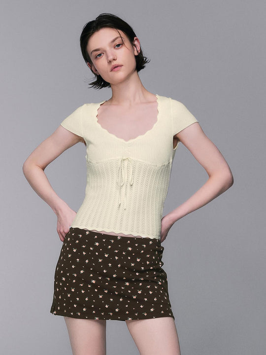 Knit Soft V-neck Scalloped Lace Lightweight Blouse