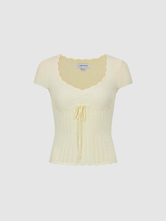 Knit Soft V-neck Scalloped Lace Lightweight Blouse