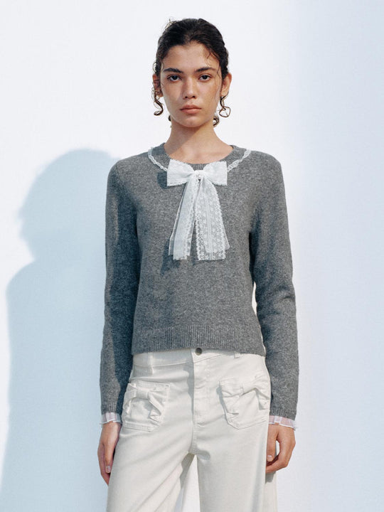 Lace Trim Bow Detail Long Sleeve Ribbed Sweater