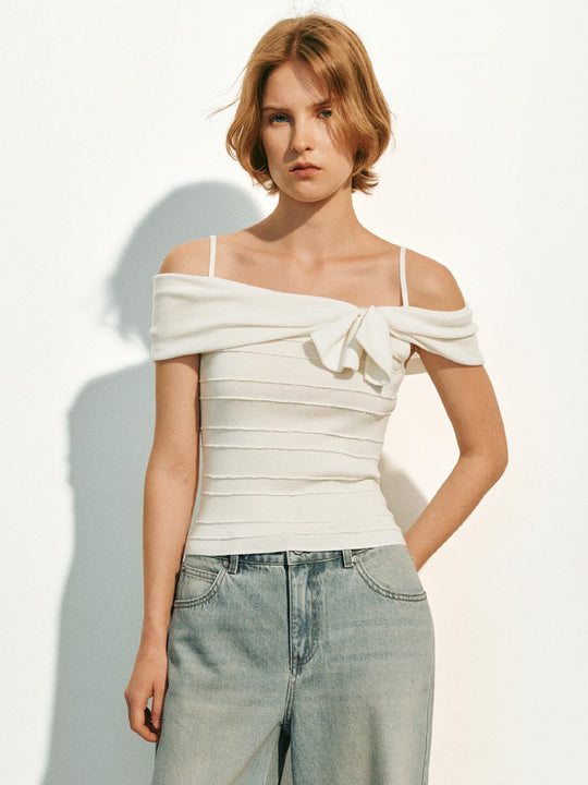 Ribbed Knit Off Shoulder Bow-front T-shirt