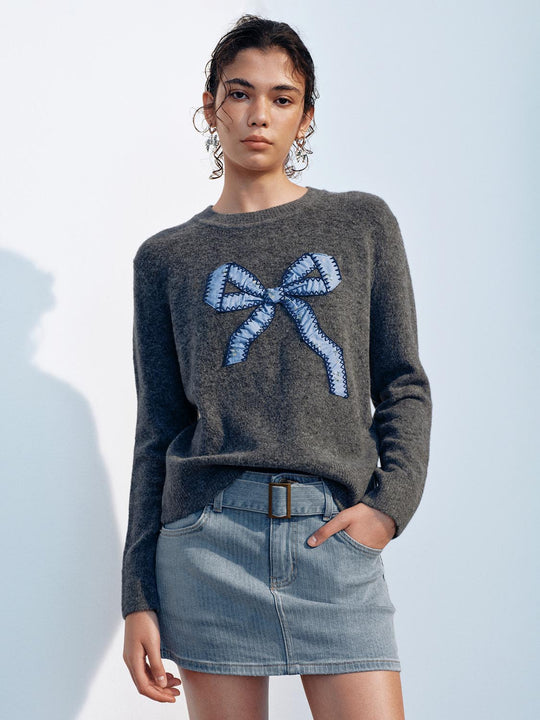 Bow Detail Long Sleeve Ribbed Crew Neck Sweater