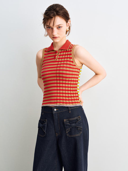Striped Ribbed Cotton Polo Collar Tank Top