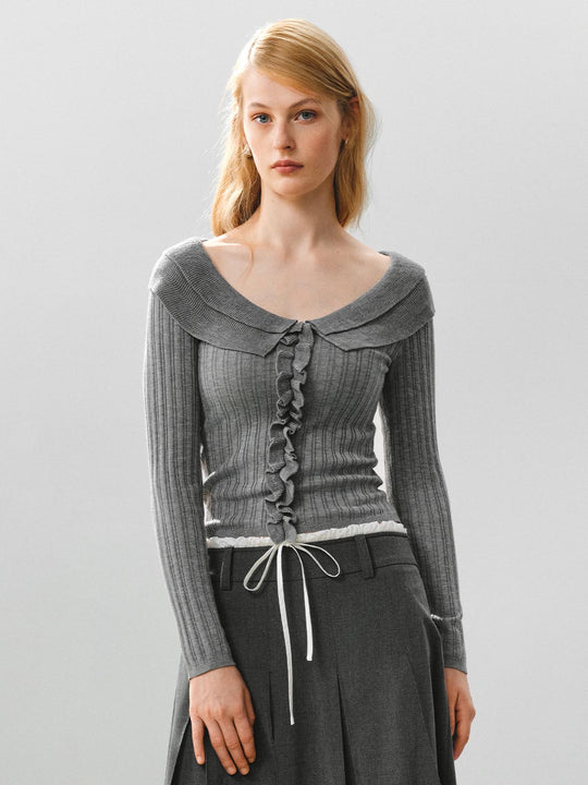 Ribbed Long Sleeve Ruffled Pleated Lapel Sweater