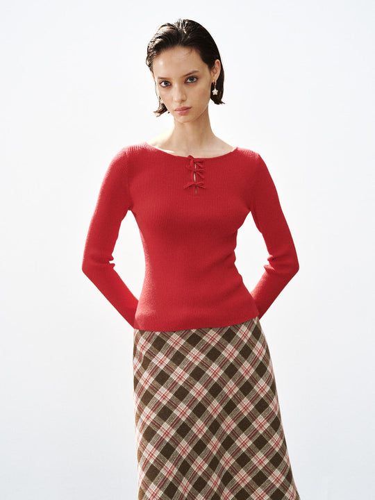 Ribbed Lace-up Long Sleeve Fitted T-Shirt