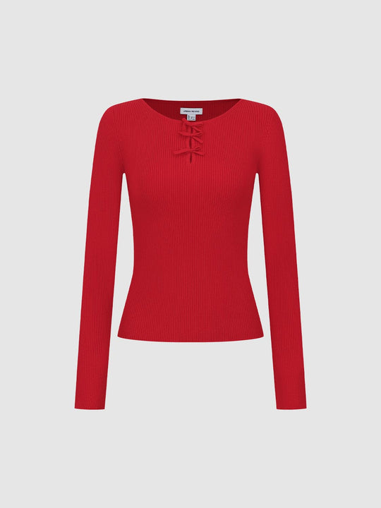 Ribbed Lace-up Long Sleeve Fitted T-Shirt