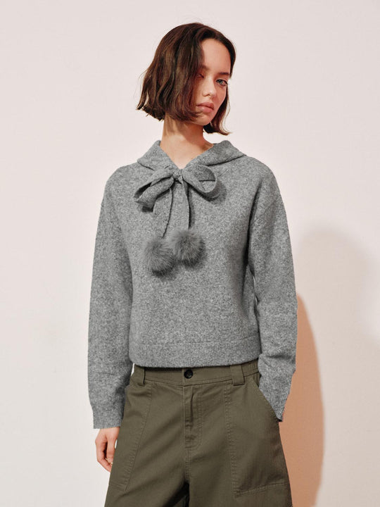 Pom-Pom Bow Tie Hooded Long Sleeve Knit Pullover