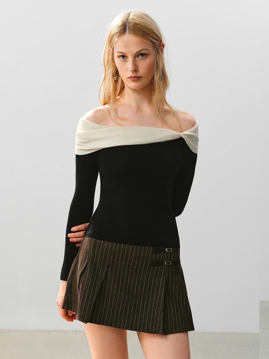 Fitted Colorblock Off-shoulder Long Sleeve Knit T-Shirt