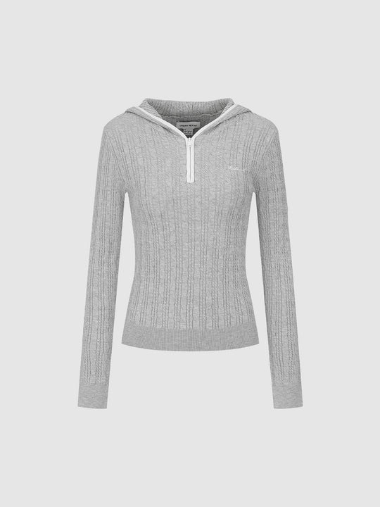 Ribbed Half-zip Hood Long Sleeve Fitted Pullover