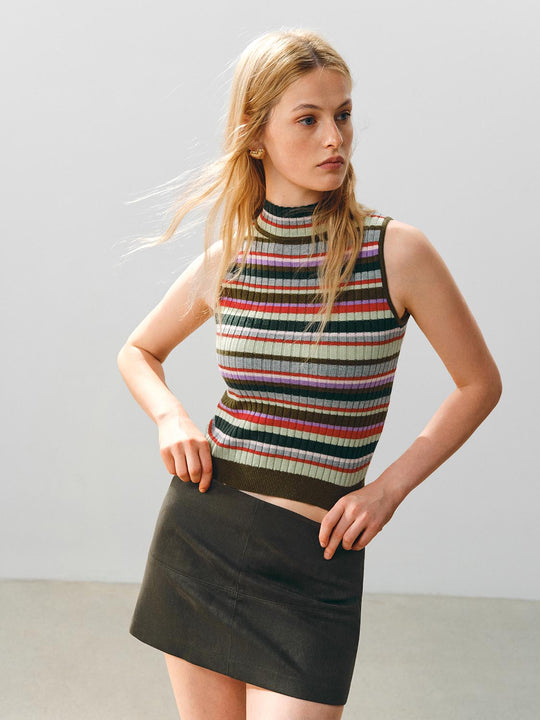 Ribbed Striped Mock Neck Sleeveless Knit Tank Top