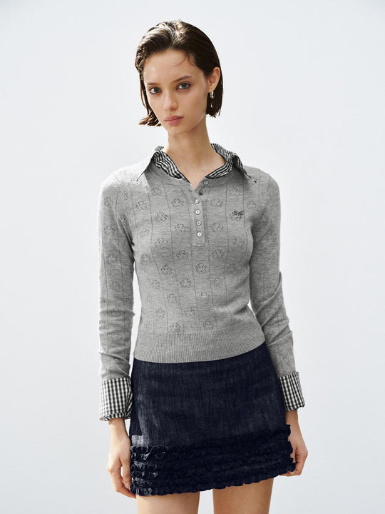 Textured Button Front Long Sleeve Crew Neck Sweater