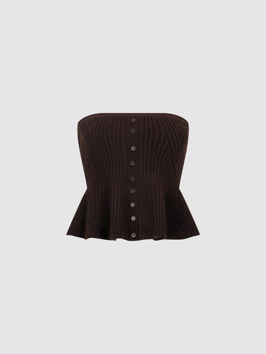 Ribbed Button Front Peplum Sleeveless Knit Top