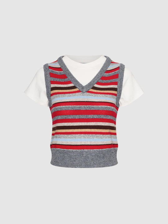 Layered Striped V-neck Knit Short Sleeve T-Shirt