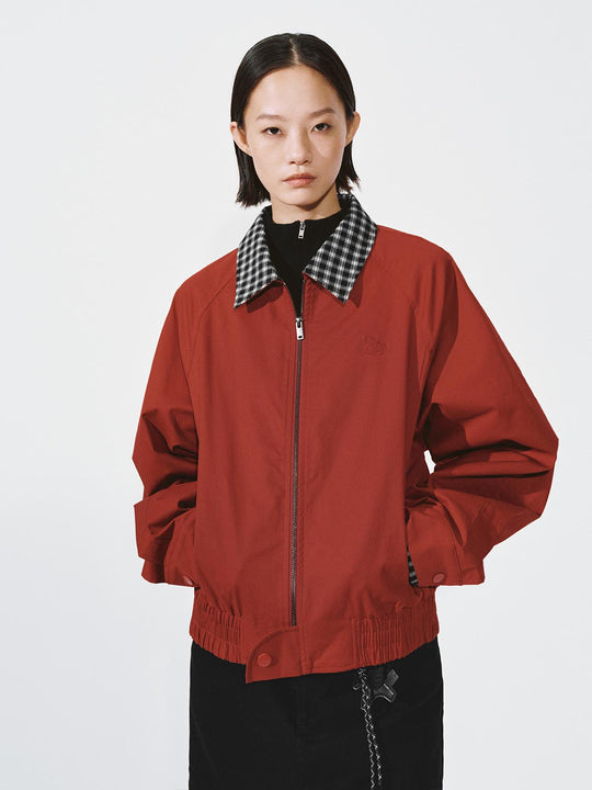 Check Contrast Collar Embroidered Bomber Jackets