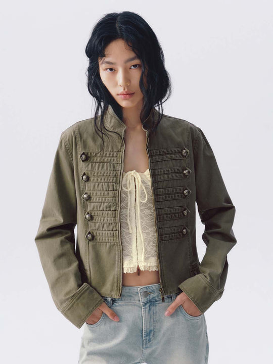 Cotton Braided Trim With Button Rows Front Detail Slight Stretch Military-Style Jacket