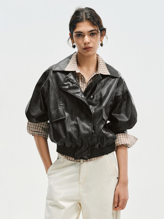 Checked Shirt Collar Short Sleeve Elasticated Hem Jacket