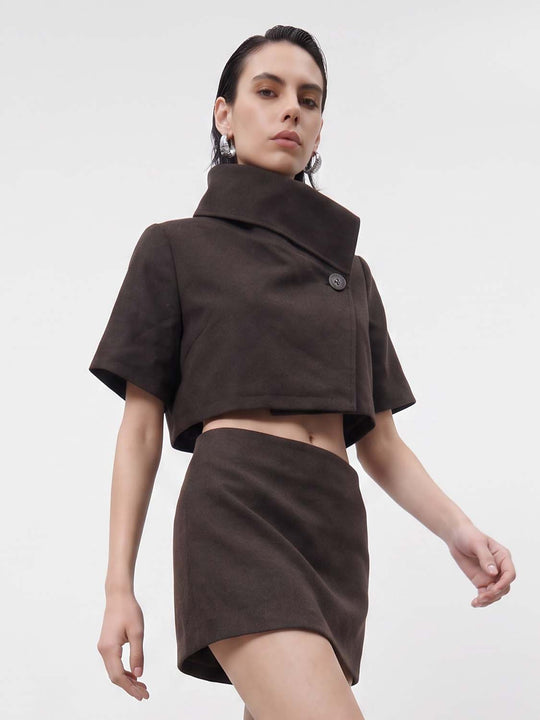 Cropped Cotton High Collar Single Button Jacket