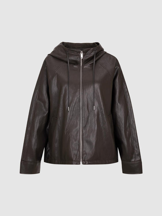 Hooded Long Sleeve Faux Leather Jacket