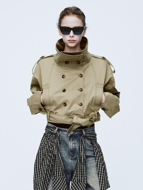 Double Breasted Belted Cropped Long Sleeve Cotton Jacket