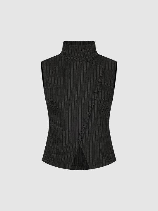 Asymmetric Striped Fitted Mock Neck Sleeveless Vest