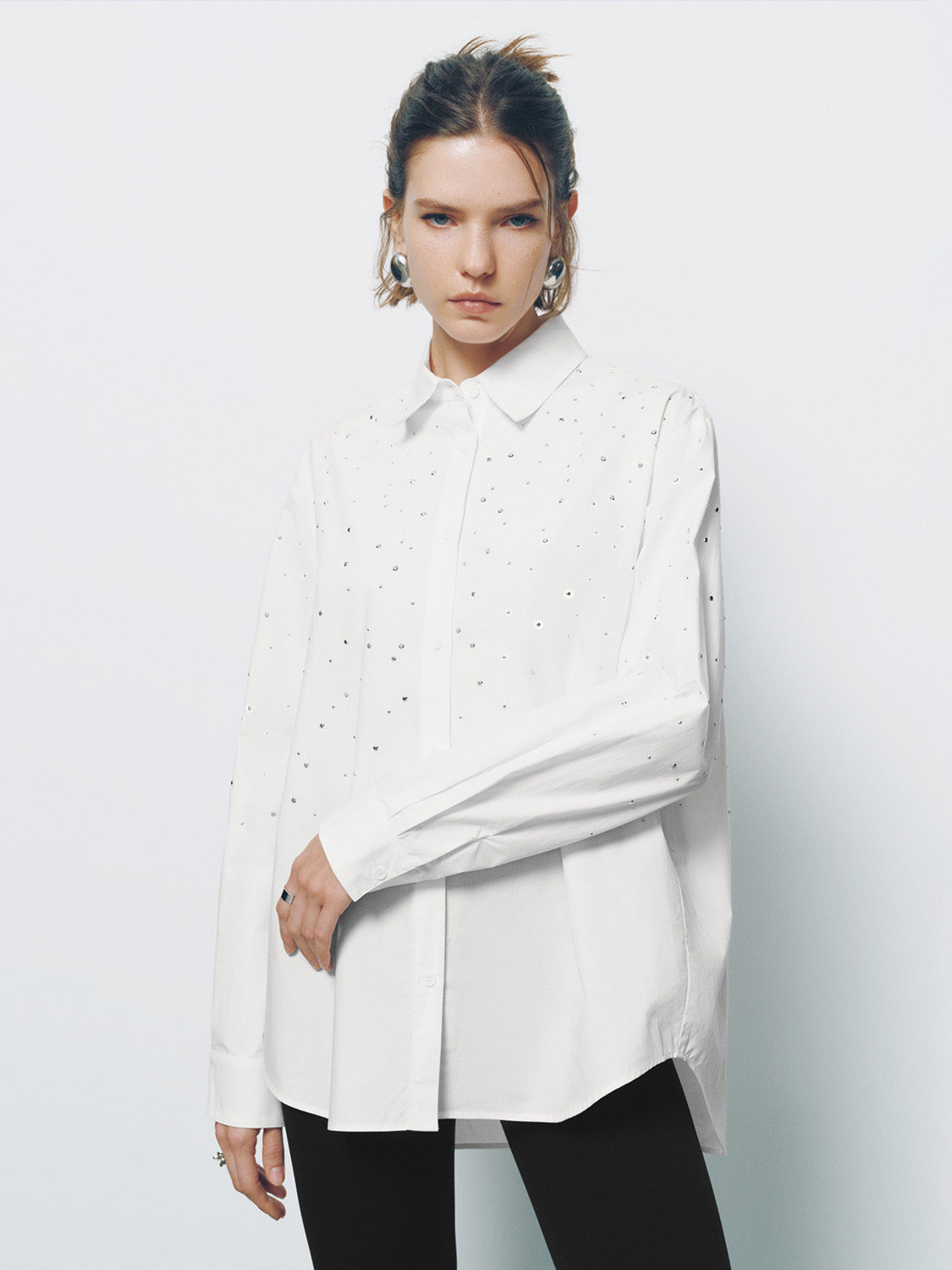 Rhinestone Décor Button Up Loose Shirt