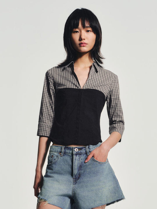 Cotton Grid Check Three-Quarter Sleeve Top