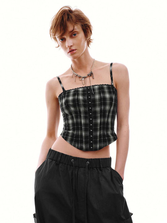 Lace Trim Contrast Check Strappy Cami Tops