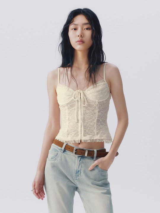 Lace Detailing On Stretch Shell With Knit Lining And Thin Construction Cami Top