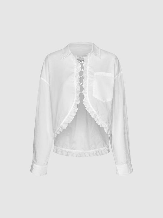 Ruffled Lace-up Open Front Long Sleeve Cotton Shirt