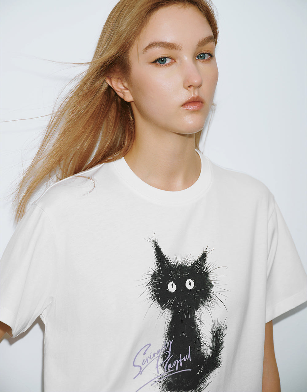 Cat Printed Crew Neck Straight T-Shirt