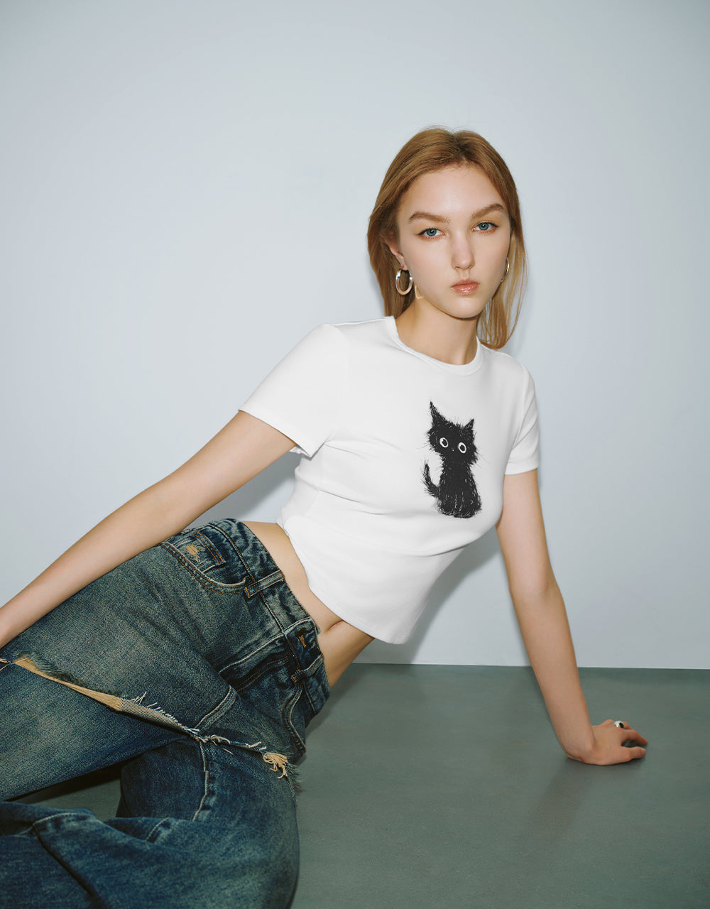 Cat Printed Crew Neck Skinny T-Shirt