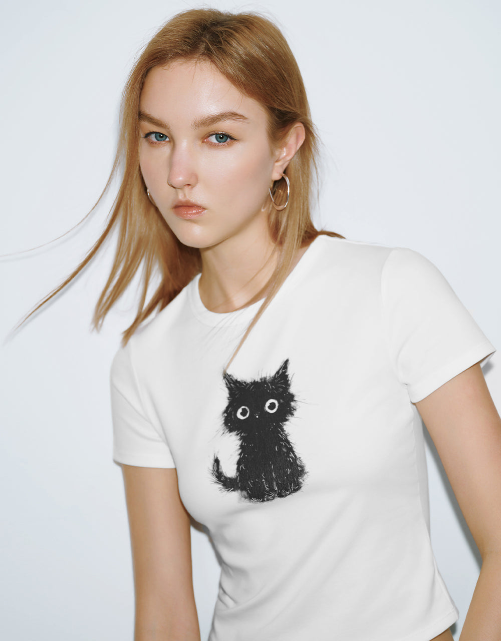 Cat Printed Crew Neck Skinny T-Shirt