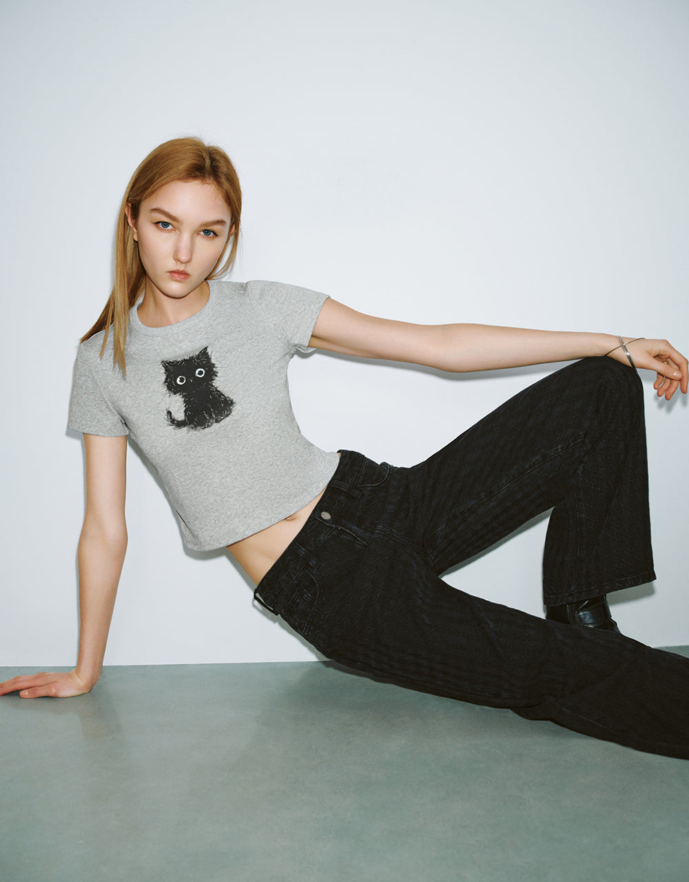 Cat Printed Crew Neck Skinny T-Shirt