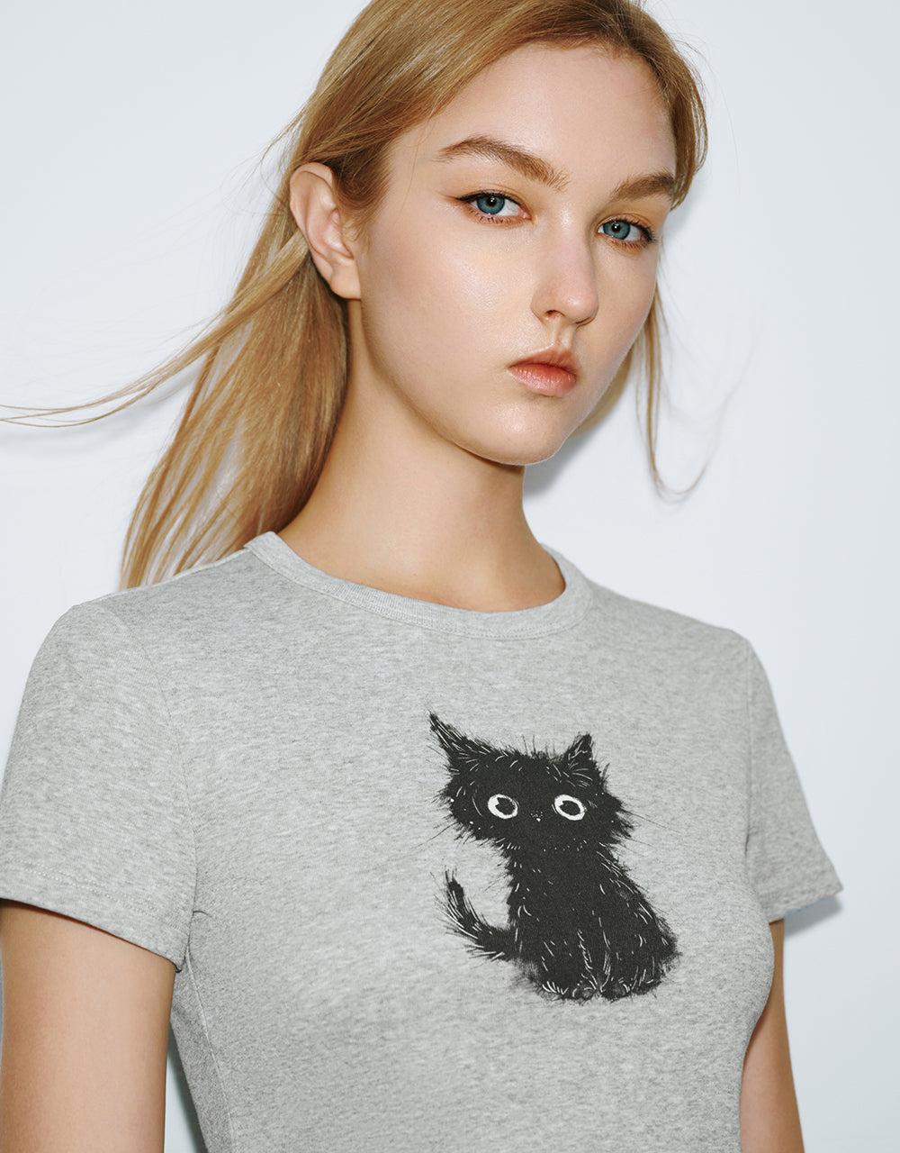 Cat Printed Crew Neck Skinny T-Shirt