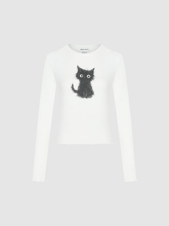 Cat Printed Crew Neck Skinny T-Shirt