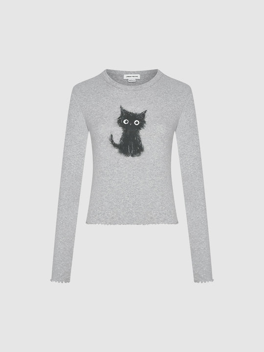 Cat Printed Crew Neck Skinny T-Shirt