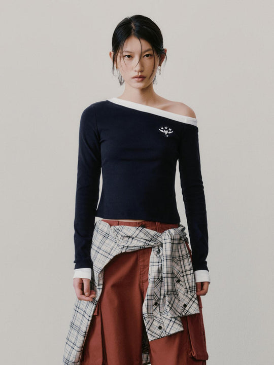 Contrast Trim One Shoulder Long Sleeve Cotton T-Shirt
