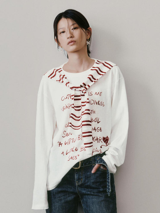 Contrast Striped Shawl Detail Printed Long Sleeve T-Shirts