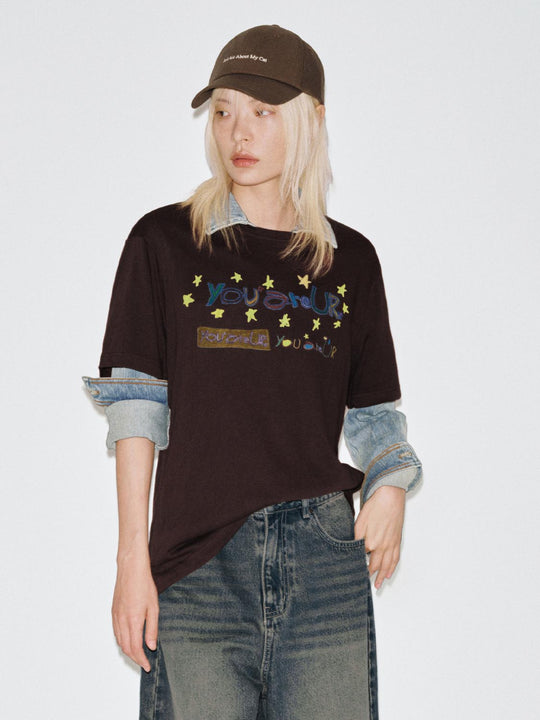 Minimalist Starry Graphic Crew Neck Cotton Blend T-Shirt