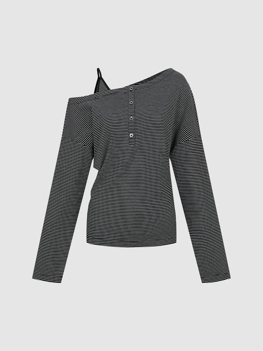 Striped One Shoulder Long Sleeve Cotton T-shirt