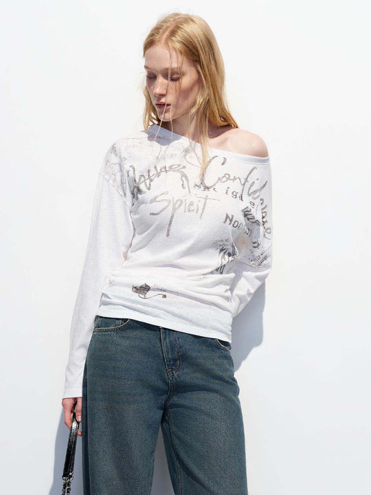 Cotton Graffiti Text Slight Stretch Long Sleeve T-Shirts