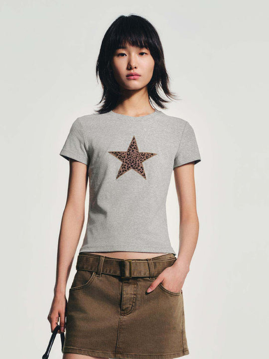 Cotton Elastane Star Leopard Graphic T Shirt