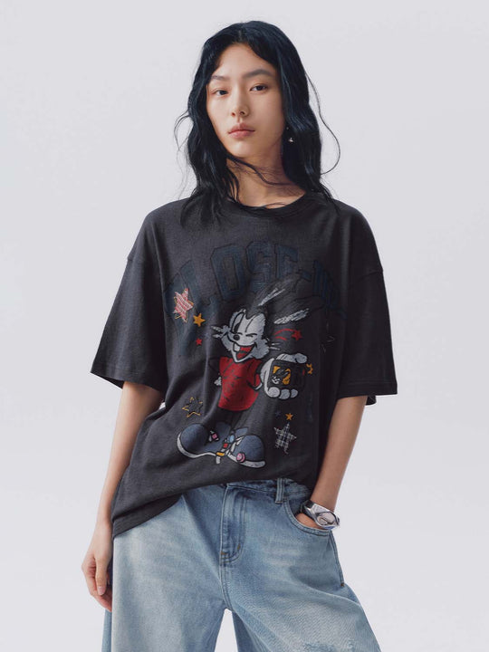 Cotton Graphic Print Distressed Artwork With Vintage Cartoon Character Detail T-Shirt