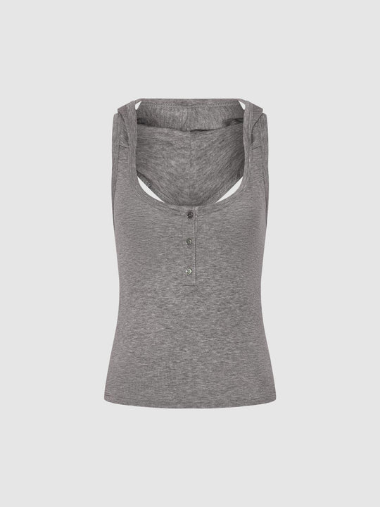 Button Front Straight Hem Fitted Sleeveless Tank Top