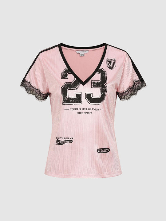 Distressed Number Graphic With Lace Sleeves T-shirt