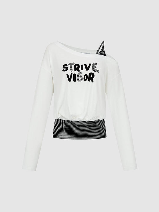 White One Shoulder Graphic Stripe Hem T-shirt