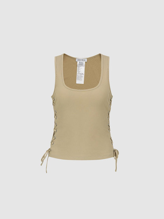 Ribbed Cotton Blend Tank Top With Side Lace-Up