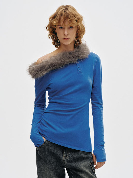 Ruched One-shoulder Fur Trim Long Sleeve Cotton T-Shirt