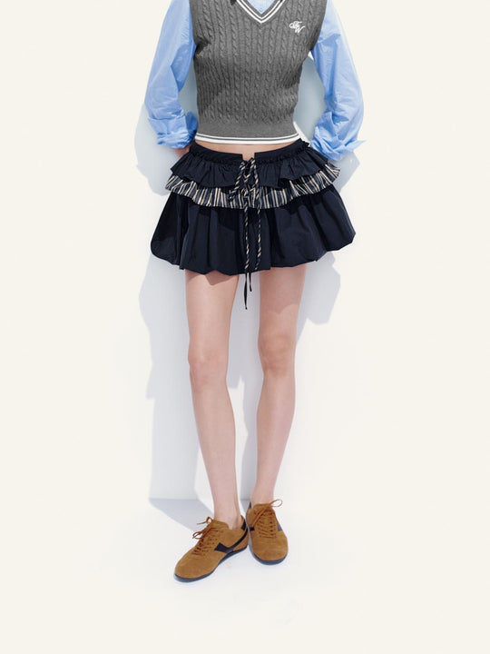 Patchwork Tiered Drawstring A-Line Mini Skirts