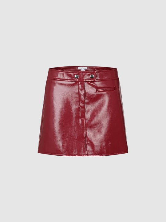 Button Hardware Zip Fly A-Line Faux Leather Mini Skirt