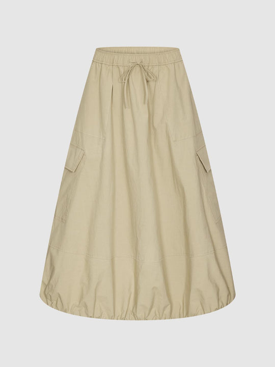 Drawstring Pull On Balloon Hem Loose-Fit A-Line Midi Cargo Skirts